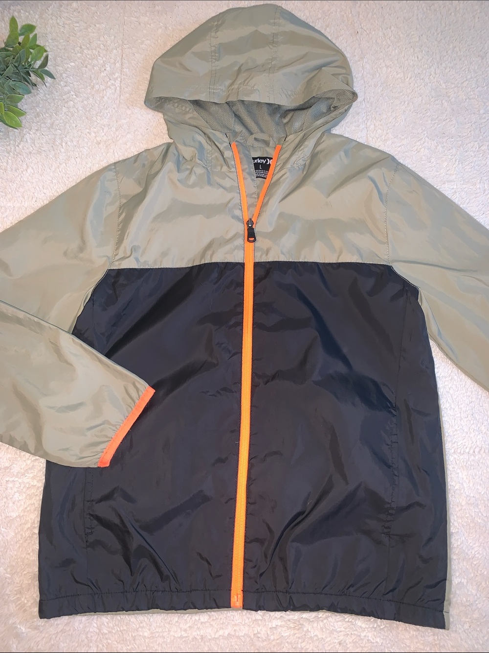 Hurley Windbreaker Jacket L (12-13) Grayish-Green Black Neon Orange Hooded EUC